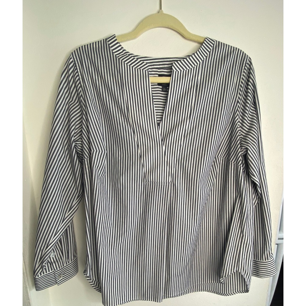Talbots Womens Plus Petite XP Non-Iron Striped Split Neck Blouse Navy White